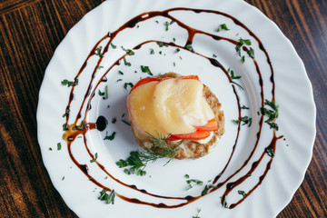 Top view of fish cutlet with mashed potato