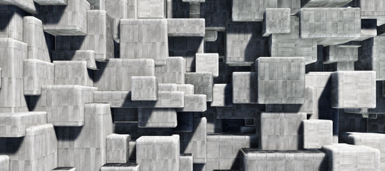 Colorful abstract panoramic background: geometric cement/concrete cube wall.  ( Car backplate, 3D rendering computer digitally generated illustration.)