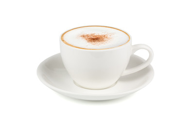 Side view of Hot cappuccino coffee in a white cup isolated on white background. (Clipping path...