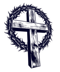 Christian cross with blackthorn thorn vector religion logo or tattoo, passion of the Christ. - obrazy, fototapety, plakaty