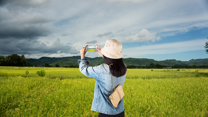 Woman tourist use smartphone to take photos of rice field beautiful landscape