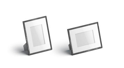 Blank white table photo frame vertical and horizontal mockup, isolated, 3d rendering. Empty vintage...