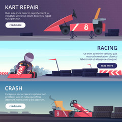 Karting cars. Banners with sport pictures of speed fast karting racing automobiles vector cartoon pictures. Championship kart racing, professional karting illustration - obrazy, fototapety, plakaty