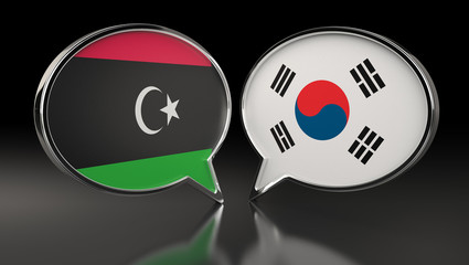 Libya and South Korea flags with Speech Bubbles. 3D Illustration