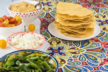 Mexican food. Veggie corn tostadas with caulflower mash.
