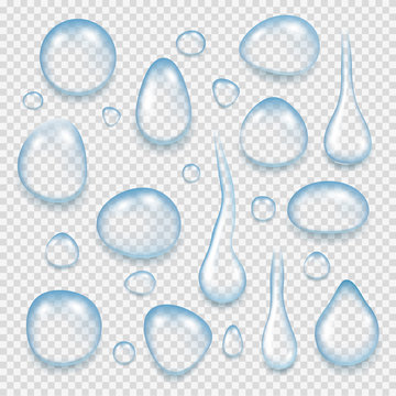 Clean water drops. Reflective liquid fresh splashes of transparent water vector realistic pictures. Transparent drops clean, water liquid illustration