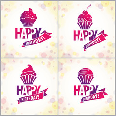 Happy Birthday vector greeting cards set. Includes beautiful lettering and cupcake composition placed over blurred circles abstract background.