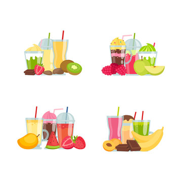Vector flat smoothie elements piles set isolated on white background illustration. Group of beverage cocktail smoothie