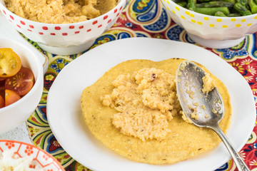Mexican food. Veggie corn tostadas with caulflower mash.