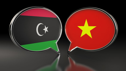 Libya and Vietnam flags with Speech Bubbles. 3D Illustration