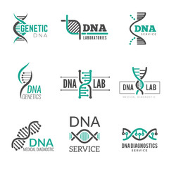 Dna logo. Genetic science symbols helix biotech vector business identity. Research medical biotech, molecule and dna logo illustration