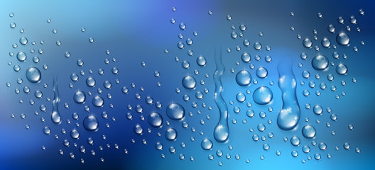 Water drops in shower or pool, condensate or rain droplets realistic transparent vector illustration, easy to put over any background or use droplets separately.