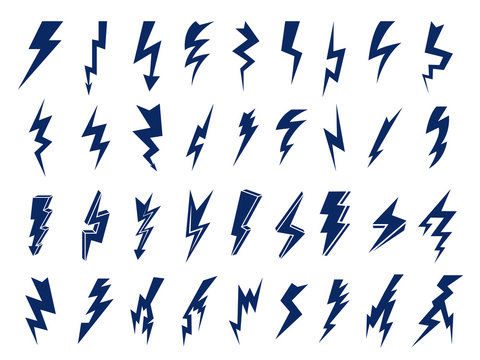 Electrical symbols. Thunder flashes storming bolt electric flash vector logos. Thunder shock, flash power storm illustration