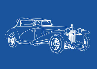drawing of a retro car on a blue background vector