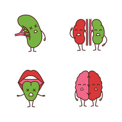 Sad human internal organs characters color icons set