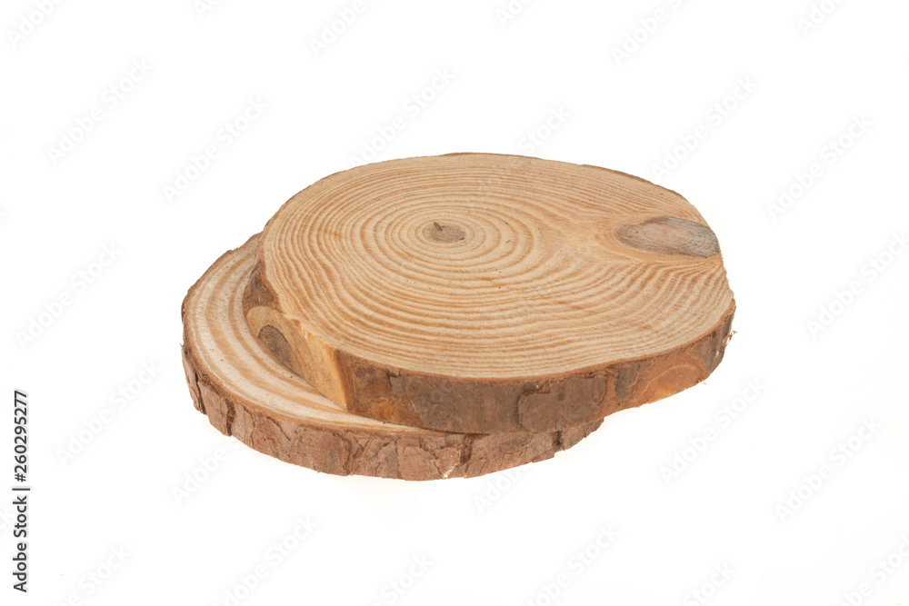 Wall mural Two wooden stump isolated on white background. Cross section of tree trunk.