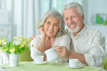 Happy senior couple drinking tea