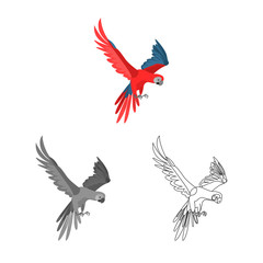 Flying macaw parrot colored, line and monochrome icon vector concept set