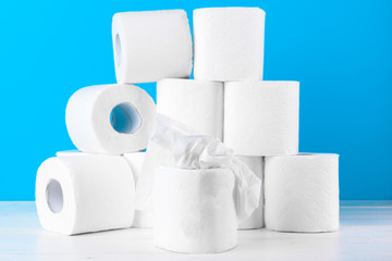 Toilet paper. Close up shot on blue background