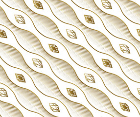Diagonal wavy lines and diamonds, Seamless background, smooth bends, stripes. Pattern for fabrics, prints, websites, wrappers and backgrounds. Gold and white color. 