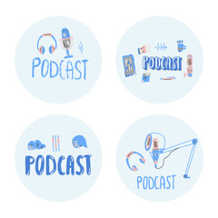 Fototapeta premium Podcast lettering with decoration. Vector design.