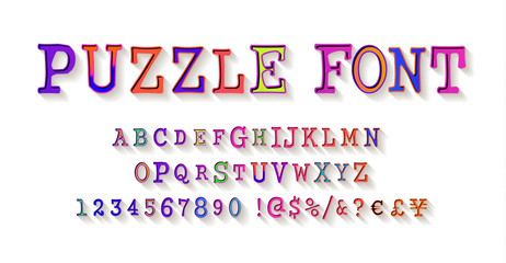 Puzzle font, jigsaw puzzle alphabet and numbers