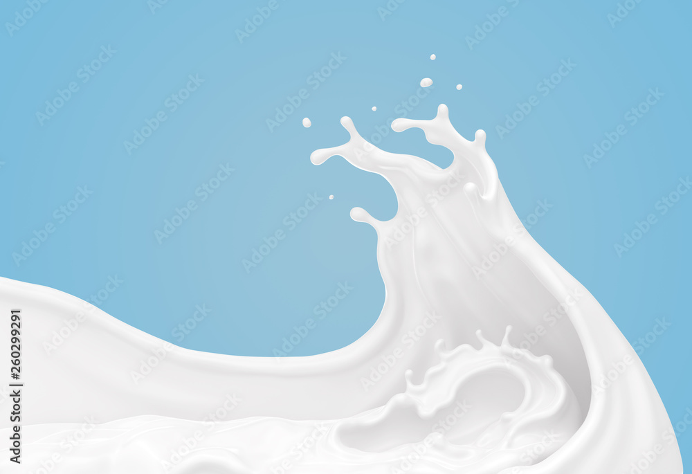 Poster white milk or yogurt splash in wave shape isolated on blue background, 3d rendering include clipping