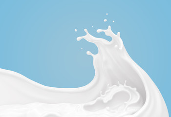 white milk or yogurt splash in wave shape isolated on blue background, 3d rendering Include...