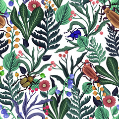 Seamless decorative pattern with plants and insects.