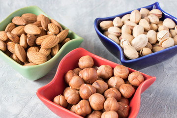 colorful bowls with mixed nuts on a gray background. Walnut, pistachios, almonds, hazelnuts and cashews, walnut.