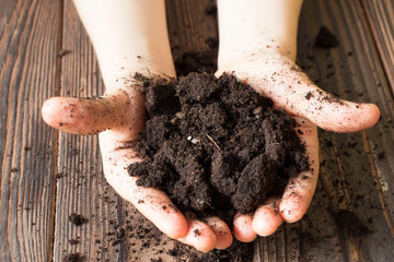 Dark tone color. Close up Child hand carry black and organic soil. Concept earth day.