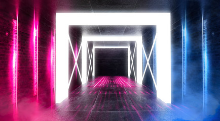 Abstract empty tunnel, corridor, illuminated by neon light, smoke. Bright neon background. Brick walls neon light arch light. 3D illustration.