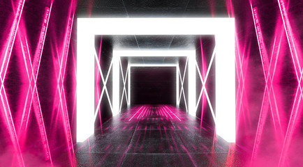 Abstract empty tunnel, corridor, illuminated by neon light, smoke. Bright neon background. Brick walls neon light arch light. 3D illustration.