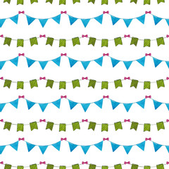 Watercolor seamless pattern on white background. Festive garland of colorful flags.