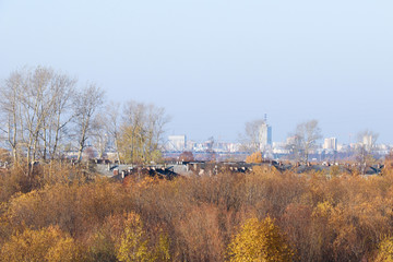 Autumn day in Arkhangelsk. View of the river Northern Dvina and river port in Arkhangelsk.