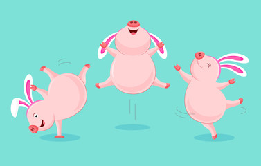 Set of funny cute cartoon pig dancing with rabbit ear. Easter holiday concept. Character design. Vector illustration isolated blue background.