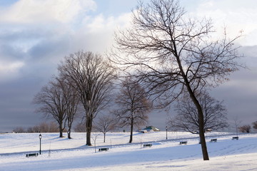 Fototapeta na wymiar Scenic winter view of beautiful Plains of Abraham covered in snow during a partly cloudy afternoon in downtown Quebec City, Quebec, Canada