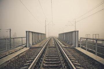 Obraz premium Fog on the railway. Foggy Russian railway. Morning fog.