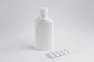 Mockup for the presentation of medicines, vitamins, tablets, capsules, pills, drugs, cough syrups.