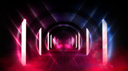 Abstract tunnel, corridor with rays of light and new highlights. Abstract blue background, neon. Scene with rays and lines, Round arch, light in motion, night view.  3D illustration.