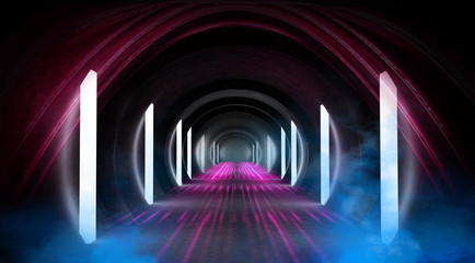 Obraz na płótnie Canvas Abstract tunnel, corridor with rays of light and new highlights. Abstract blue background, neon. Scene with rays and lines, Round arch, light in motion, night view. 3D illustration.