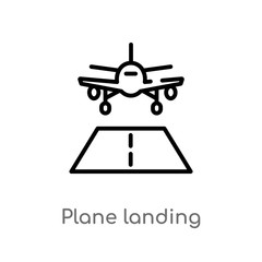 outline plane landing vector icon. isolated black simple line element illustration from airport terminal concept. editable vector stroke plane landing icon on white background