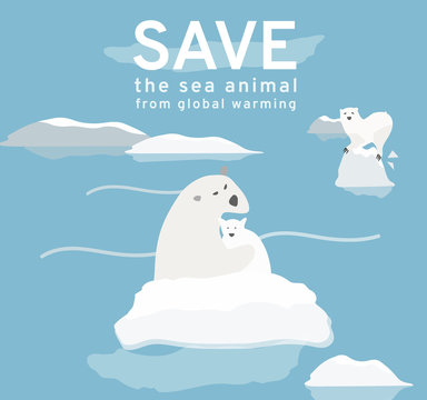 The illustration reflects the current environmental problems of the polar bear, ice is constantly melting, solve global warming Campaign vector