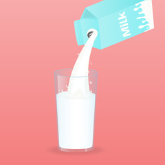 Vector illustration with glass of milk and board box of milk. Template for poster, web and advertising banner, article, promotion.