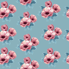 Pink anemone seamless pattern on blue backround. Women fashion summer stylish pattern. Fabric, textile, wallpaper, wrapping paper print. Hand drawn watercolor flowers.
