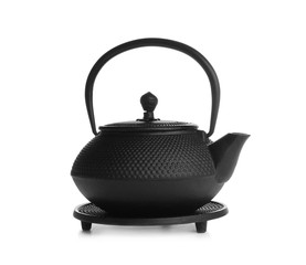 Black teapot with stand isolated on white