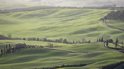 Store enrouleur Toscane Green typical Tuscany landscape in Italian region with fields, meadow, hills and path with farmhouses  © jordieasy