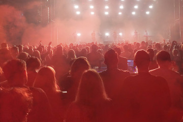 Fototapeta na wymiar Crowd of people with raised hands on the dance floor in night club