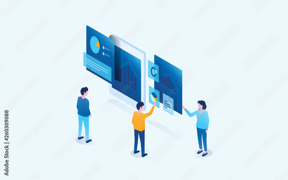 Poster isometric business team people meeting analytics and research on dashboard chart concept