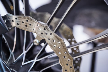 The front wheel of a modern motorcycle